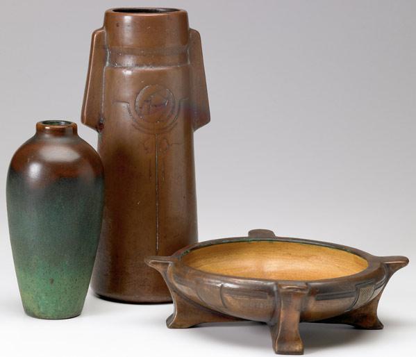 Appraisal: CLEWELL Three copper-covered vessels the tallest on an Owens blank