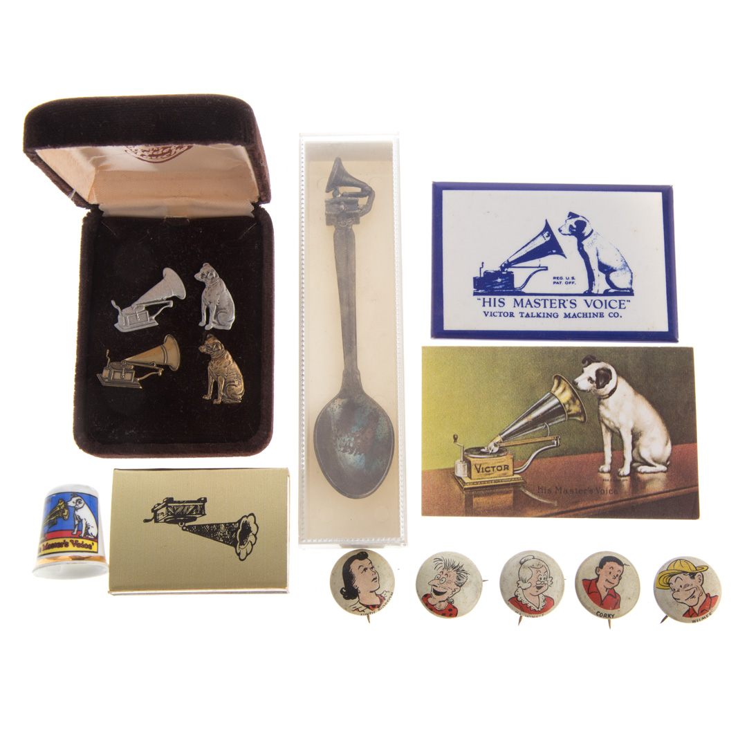 Appraisal: Misc phonograph memorabilia including pairs of HMV tie tacks Victor