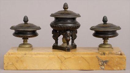 Appraisal: EMPIRE-STYLE BRONZE AND SIENNA MARBLE ENCRIER Centered by a lidded