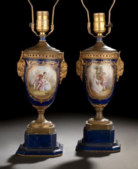 Appraisal: Pair of French Gilt-Brass-Mounted Bleu-de-Roi Porcelain Two-Handled Garniture Vases first