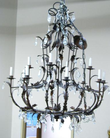 Appraisal: Bronze Finish Leaf Motif Chandelier with crystal prisms and candlestick