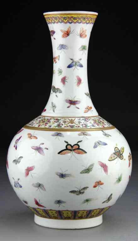 Appraisal: Chinese Large Famille Rose Butterfly VaseLarge bulbous footed porcelain vase