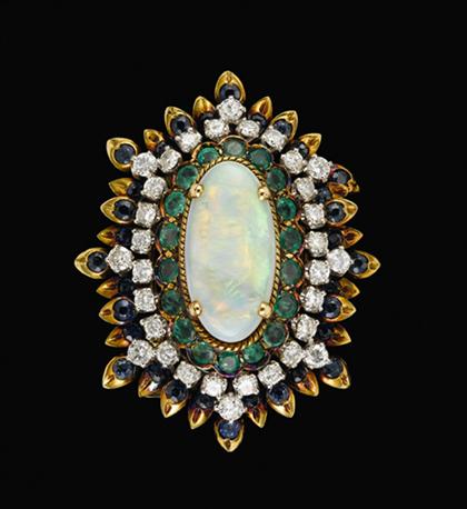 Appraisal: Large karat yellow gold opal emerald sapphire and diamond brooch