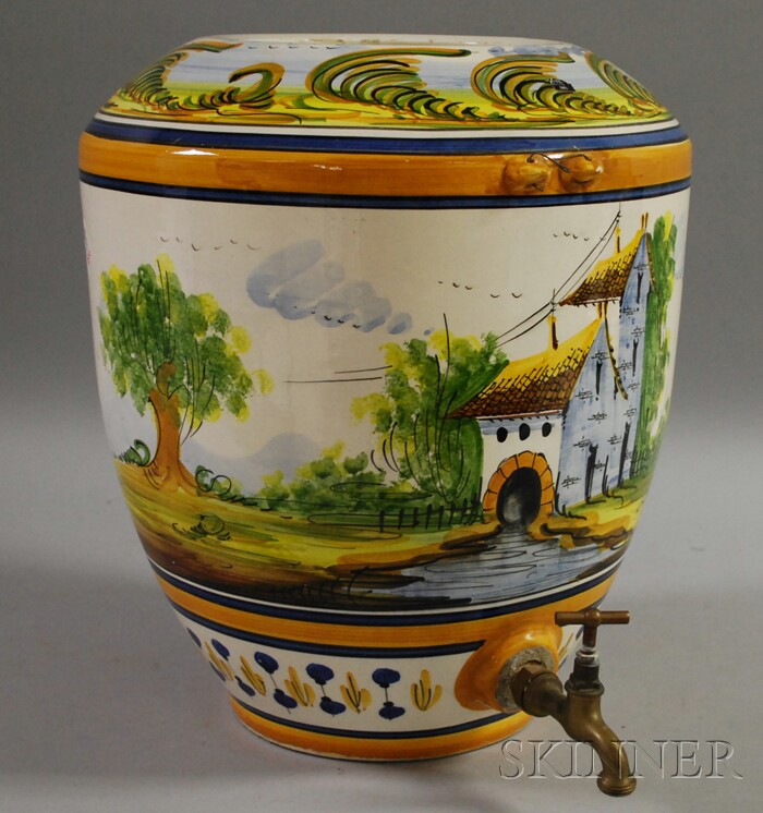 Appraisal: Spanish Landscape-decorated Ceramic Water Cooler with Brass Spigot ht in