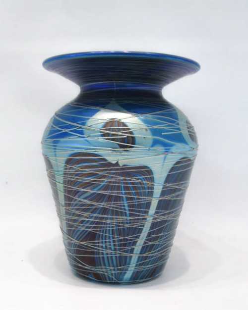 Appraisal: CARL RADKE PEACOCK VASE for Phoenix Studios Contemporary blue iridescent