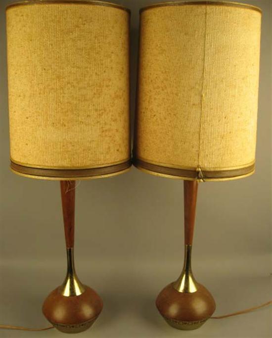 Appraisal: Pair Walnut Lamps with incised brass detail With shades Base