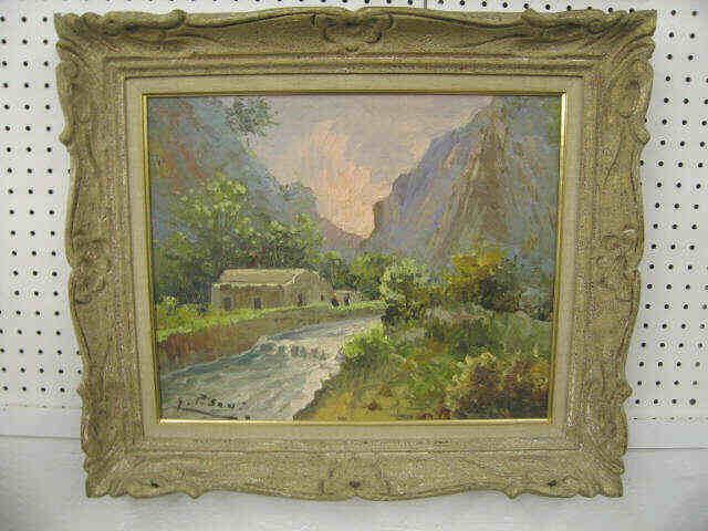 Appraisal: G Pisani Oil on Masonite impressionistic landscape with figures by