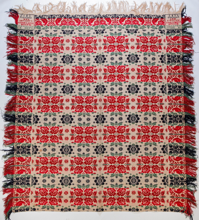 Appraisal: AMERICAN JACQUARD COVERLET Wool Two piece in red blue green