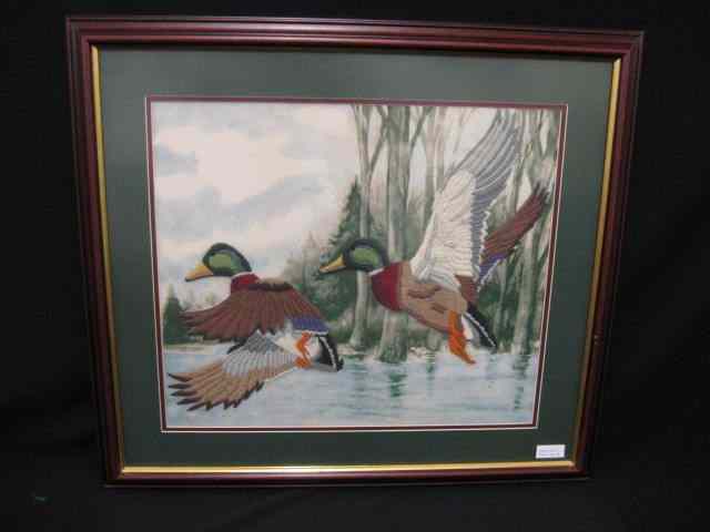 Appraisal: Needlepoint Artwork of Mallards in Flight image area '' x