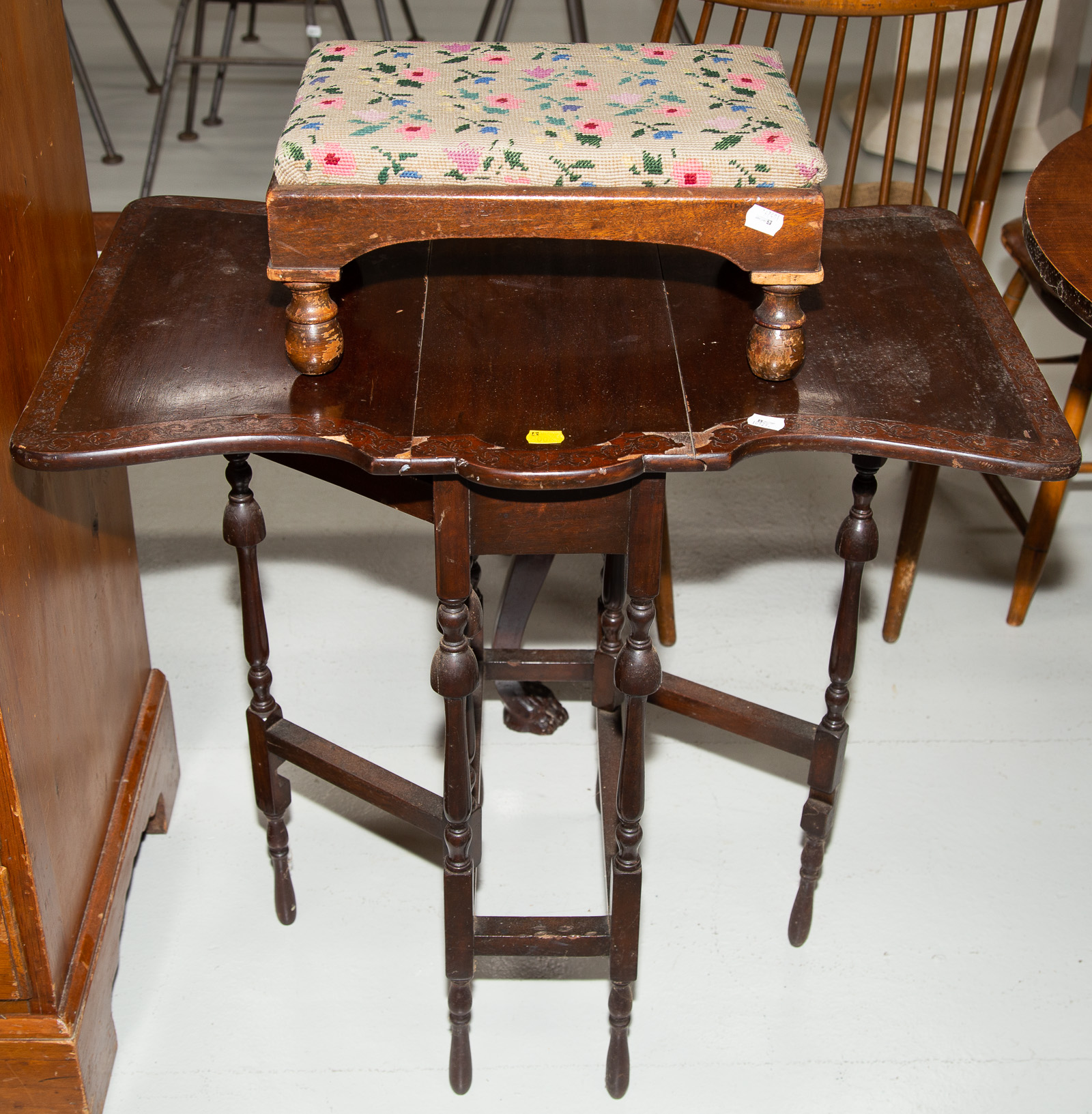 Appraisal: DROP LEAF TABLE FOOT STOOL Comprising a diminutive William Mary