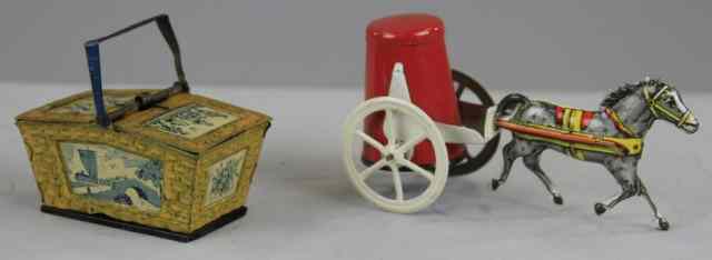 Appraisal: BASKET AND HORSE DRAWN PENNY TOYS Both lithographed tin includes