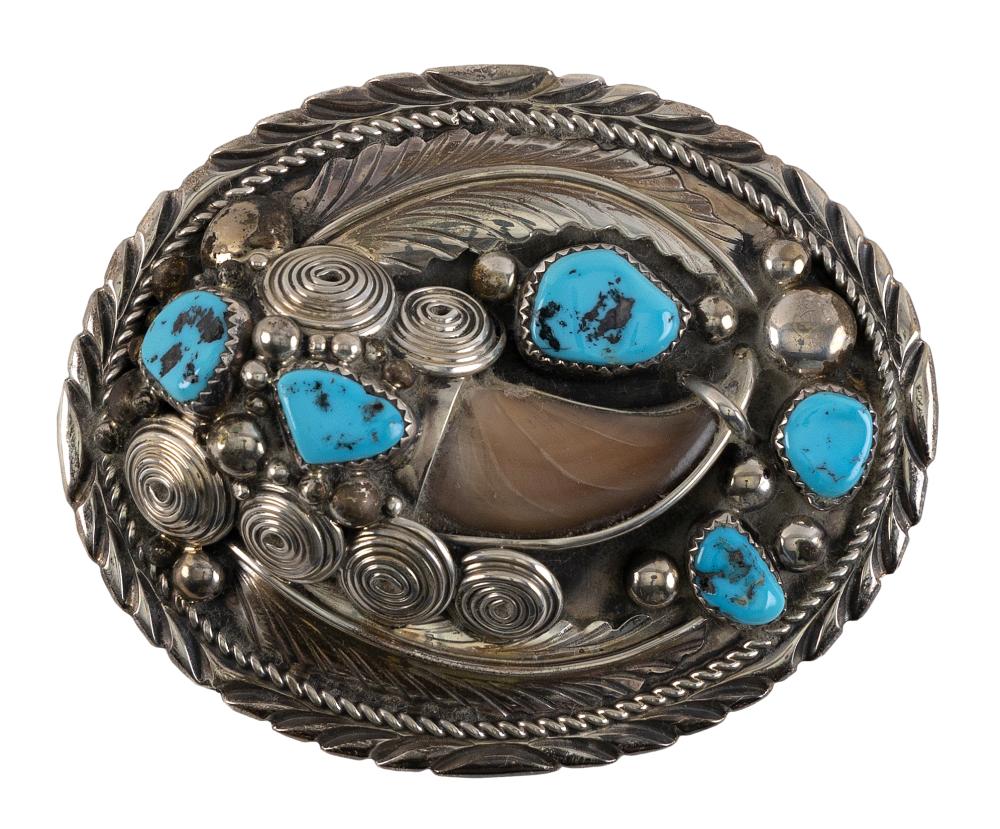 Appraisal: ELAINE YAZZIE STERLING SILVER TURQUOISE AND BEAR CLAW BELT BUCKLE