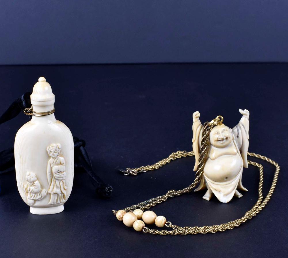 Appraisal: CHINESE SNUFF BOTTLE AND A STUDY OF HOTAIThe snuff bottle