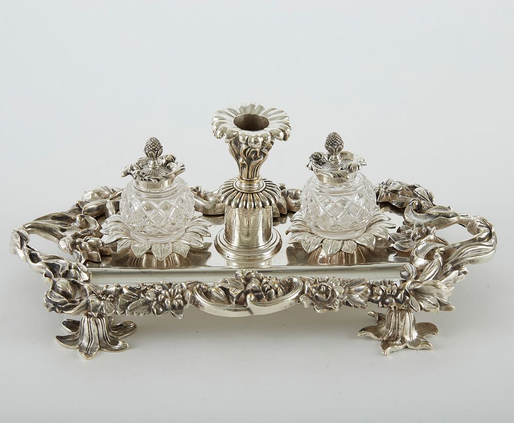 Appraisal: Ornate French Silver Plate and Cut Glass Inkstand Ornate French