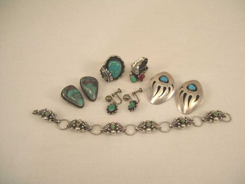 Appraisal: pcs Sterling Jewelry Lot Includes Mexican silver bracelet with small