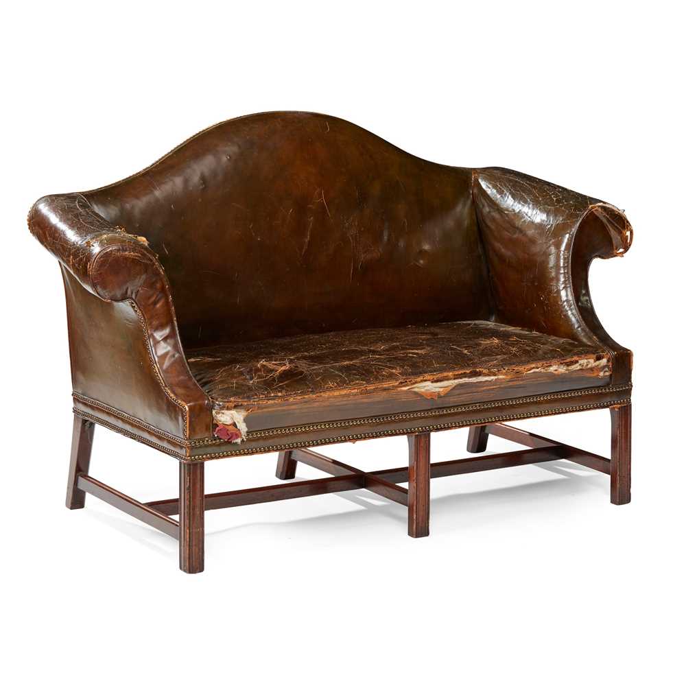 Appraisal: GEORGE III MAHOGANY AND OLIVE GREEN LEATHER UPHOLSTERED CAMEL BACK