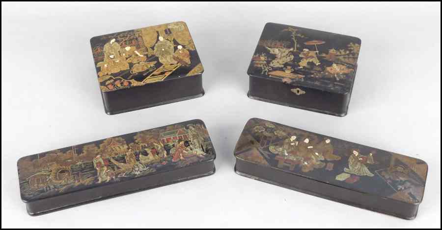 Appraisal: GROUP OF FOUR PAPIER MACHE LACQUERED BOXES Longest '' Condition