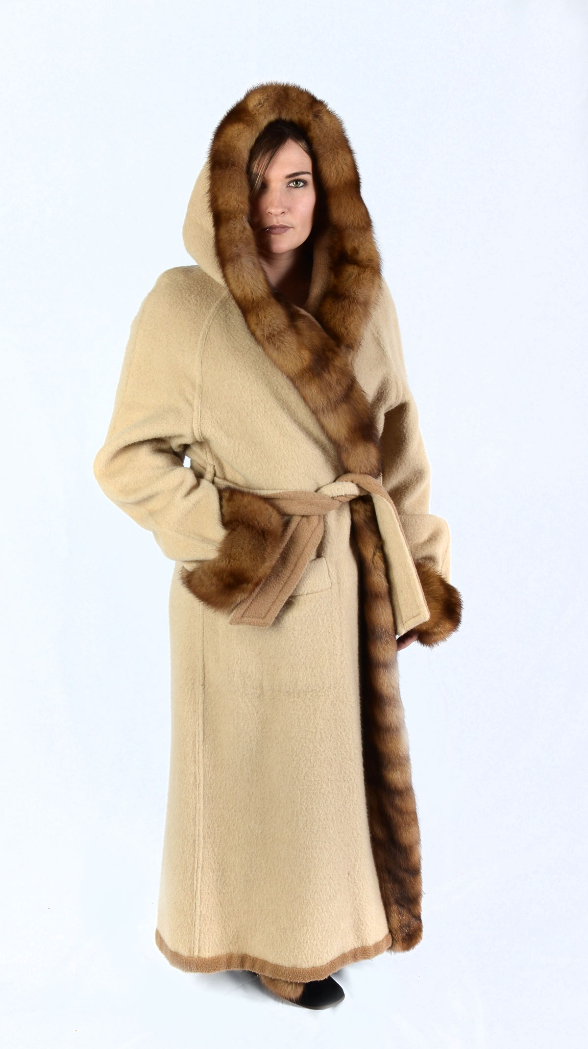 Appraisal: REVERSIBLE CAMEL HAIR COAT WITH FUR TRIMMED HOOD As soft