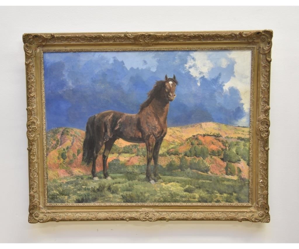 Appraisal: Large oil on canvas Southwest portrait of a black stallion