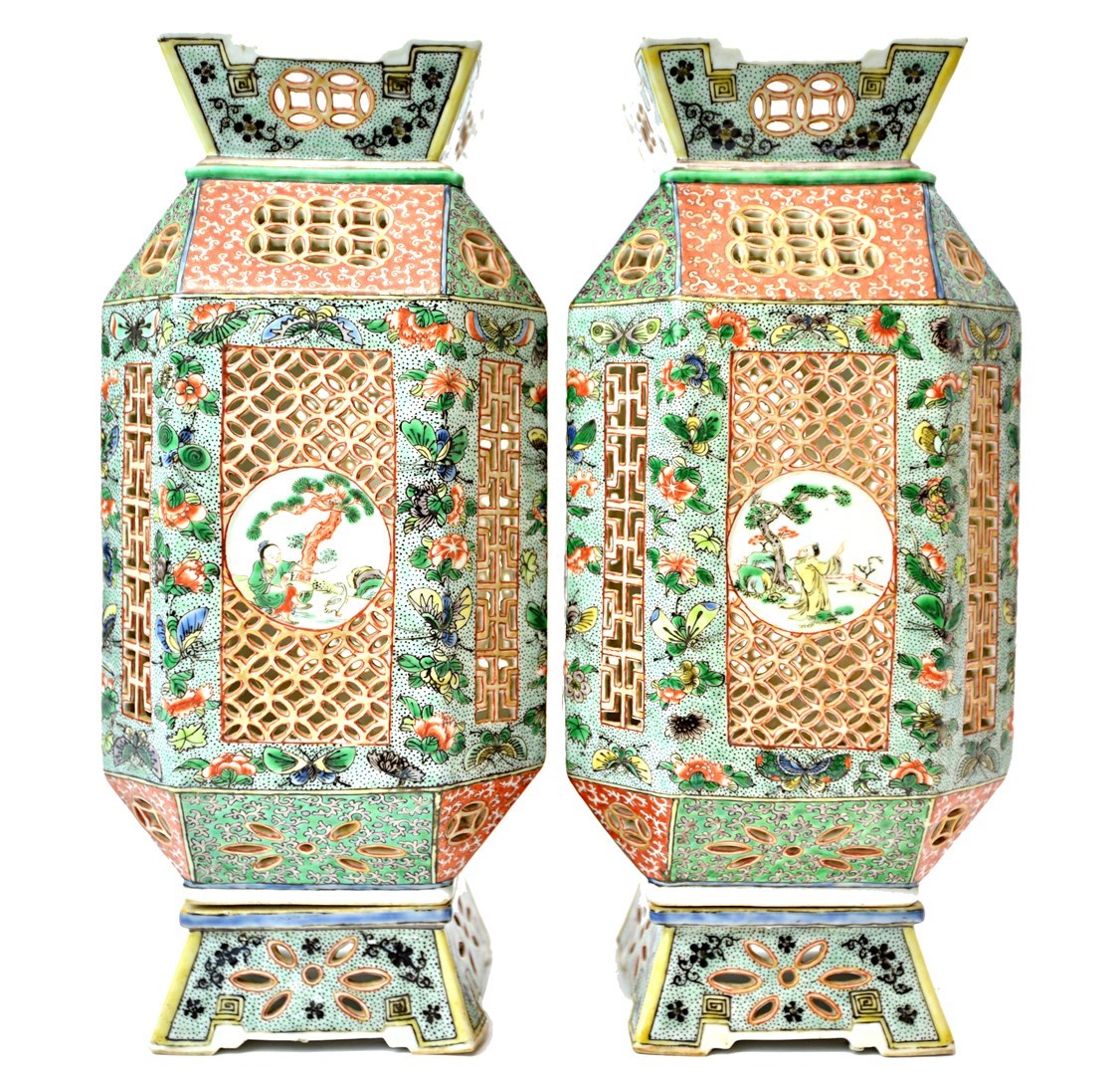 Appraisal: A good pair of Chinese famille-verte reticulated lanterns and stands