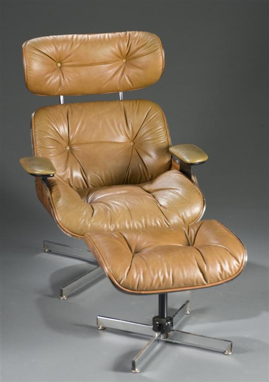 Appraisal: Frank Doerner Eames style brown leather chair and ottoman Armchair