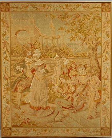 Appraisal: - Large framed Continental tapestry with medieval couples and musicians