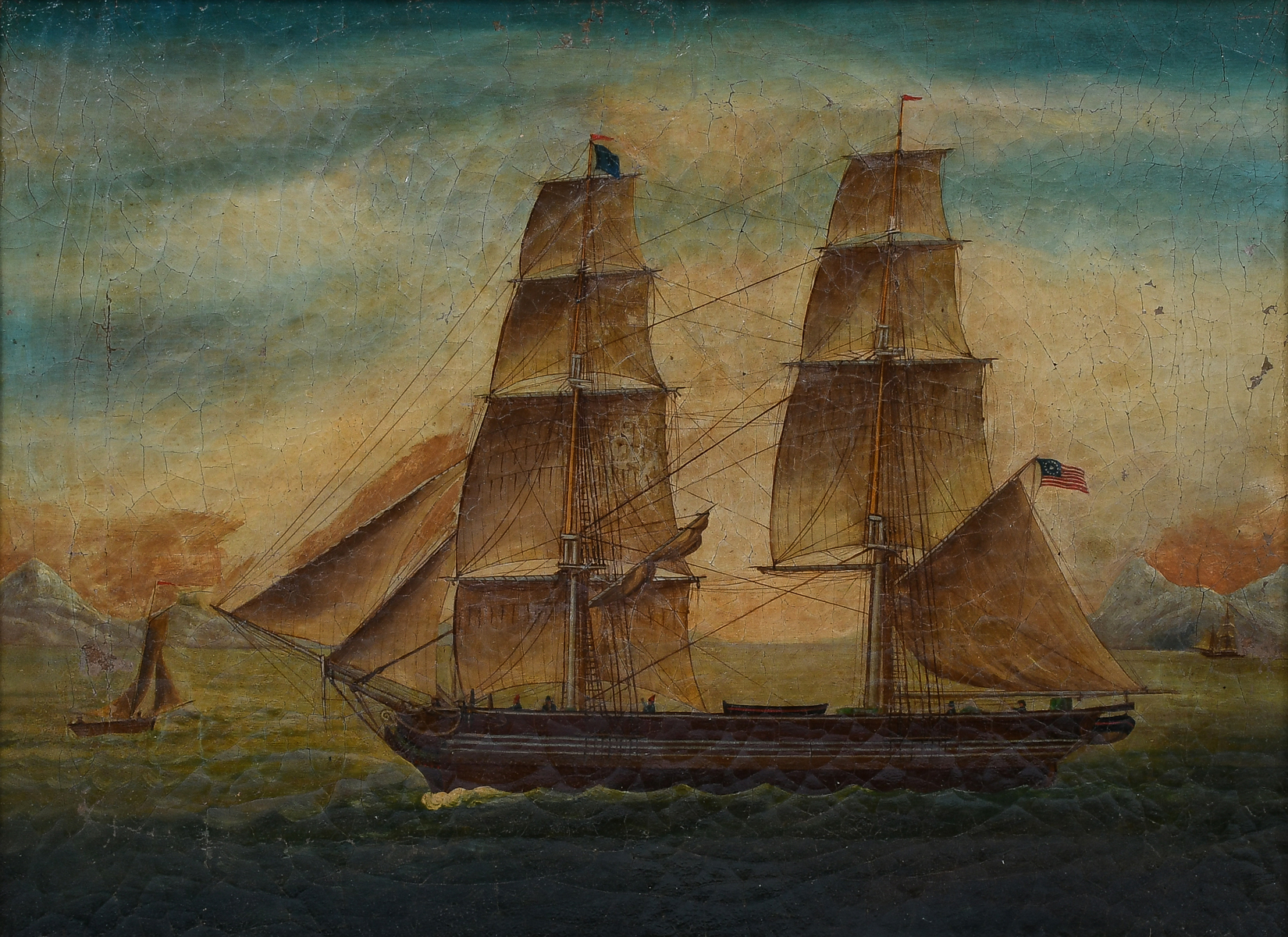 Appraisal: NAIVE EARLY AMERICAN CLIPPER SHIP PAINTING Oil Canvas '' x