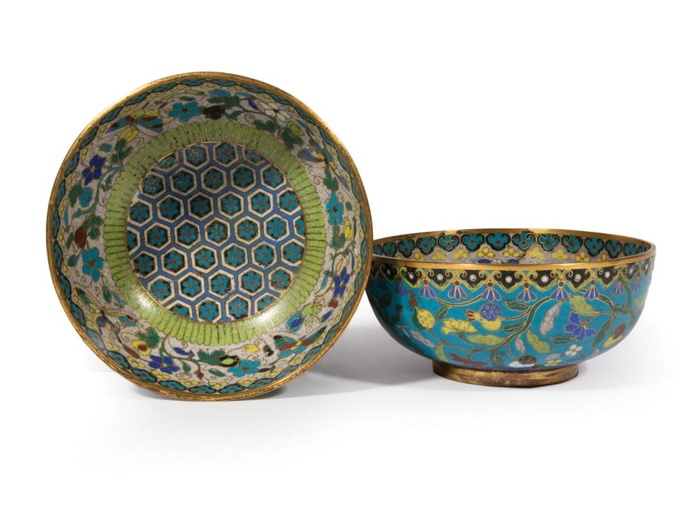 Appraisal: Pair of Chinese Cloisonn Enamel Bowls Qing Dynasty - exteriors