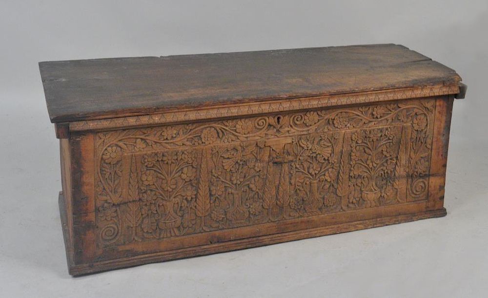 Appraisal: Cypriot Carved Walnut Cedar Dowry Chest the front profusely carved