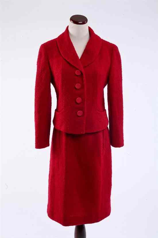 Appraisal: JACQUES HEIM BOUCL CHERRY RED SKIRT SUIT s Jeunes Filles