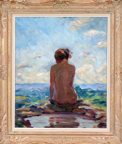 Appraisal: Nude sitting by water oil on canvas board x unsigned