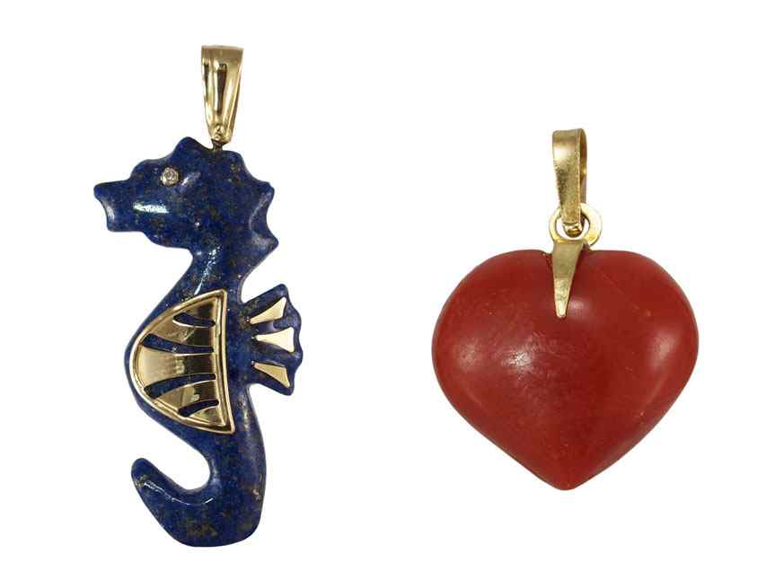 Appraisal: PIECE K SODALITE SEAHORSE PENDANT AND CORAL HEART Carved sodalite