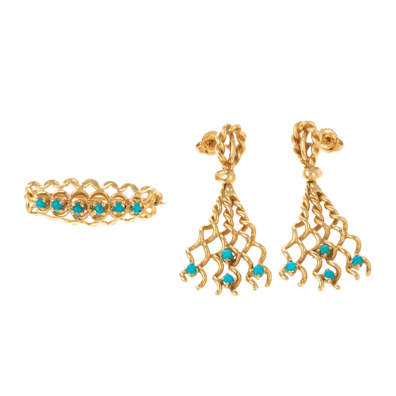 Appraisal: A PAIR OF K TURQUOISE DANGLE EARRINGS PIN K yellow