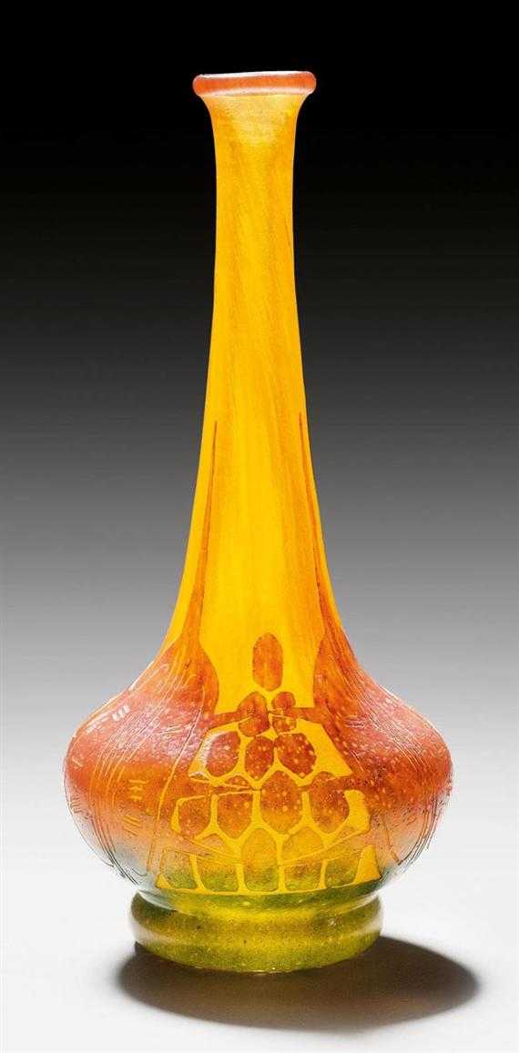 Appraisal: SCHNEIDER BUD VASE circa Acid-etched yellow glass with red and