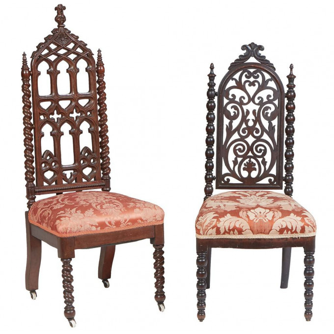 Appraisal: Two Carved Mahogany Gothic Style Hall Chairs th c one