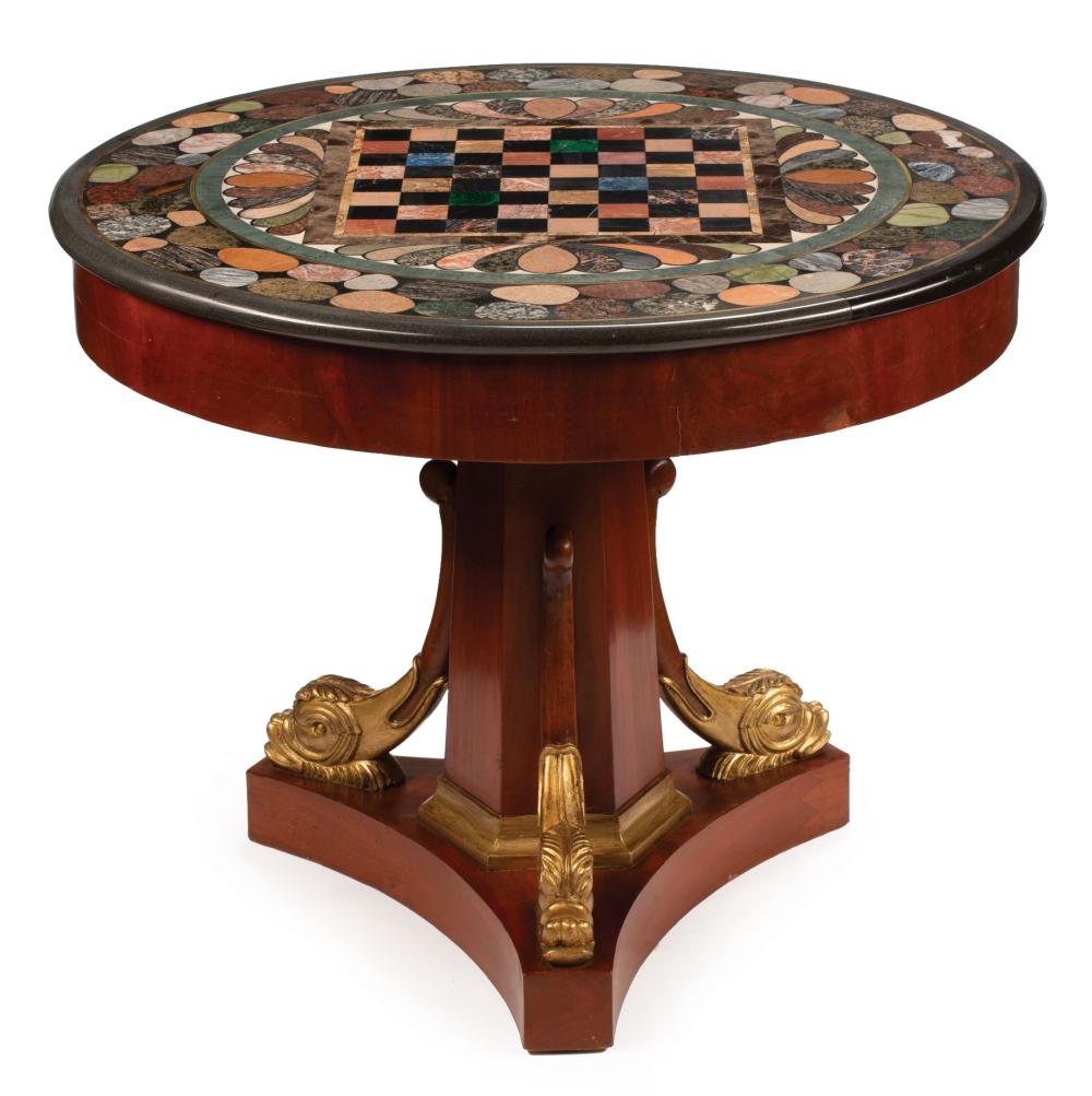 Appraisal: French Restauration Mahogany and Parcel Gilt Center Table specimen marble