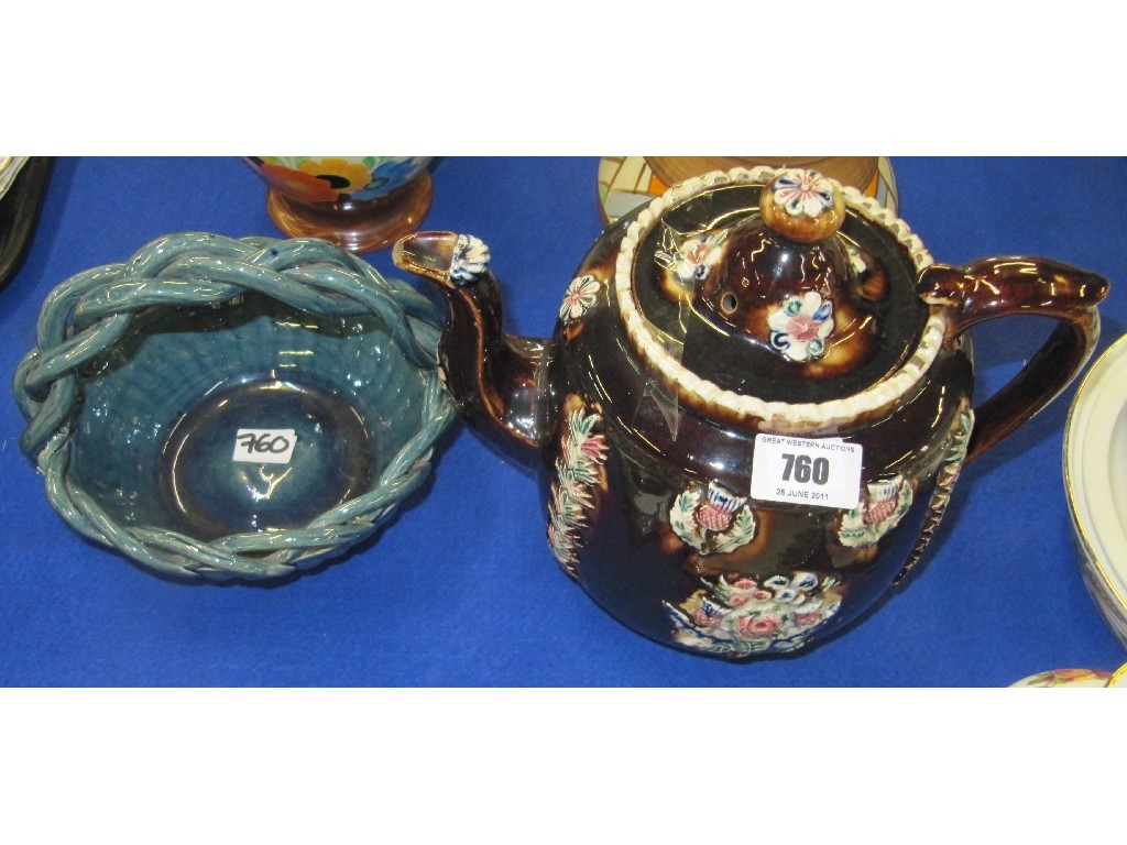 Appraisal: Dunmore pottery basket and a Scottish themed Bargeware teapot with