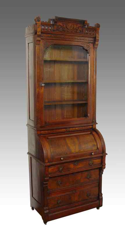 Appraisal: VICTORIAN WALNUT FRUITWOOD VENEER CYLINDER ROLL SECRETARY BOOKCASE Single glass