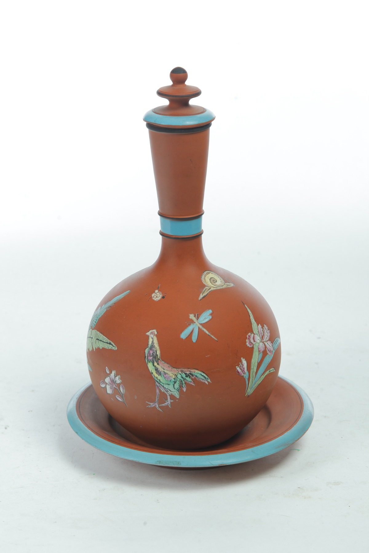 Appraisal: DECORATED TERRA COTTA WATER BOTTLE WITH UNDERTRAY England th quarter-