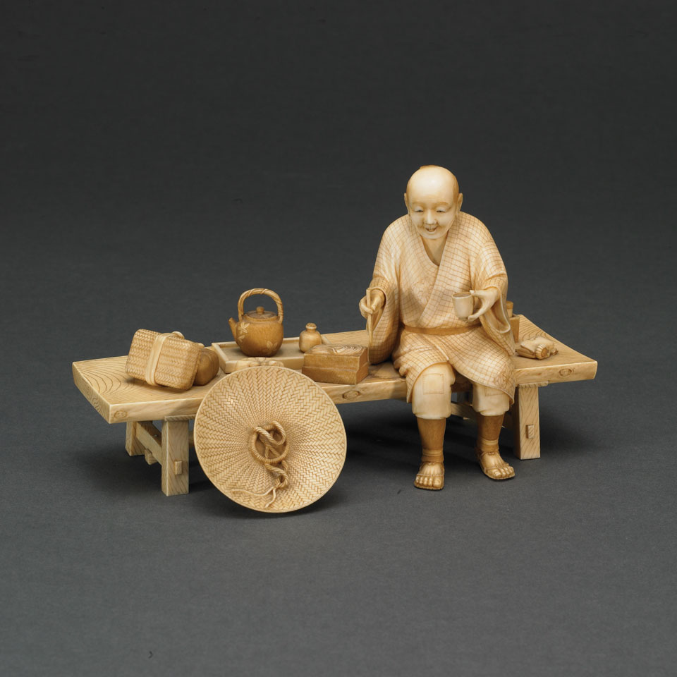 Appraisal: Fine Ivory Tableau of a Traveller Having Tea Japan c