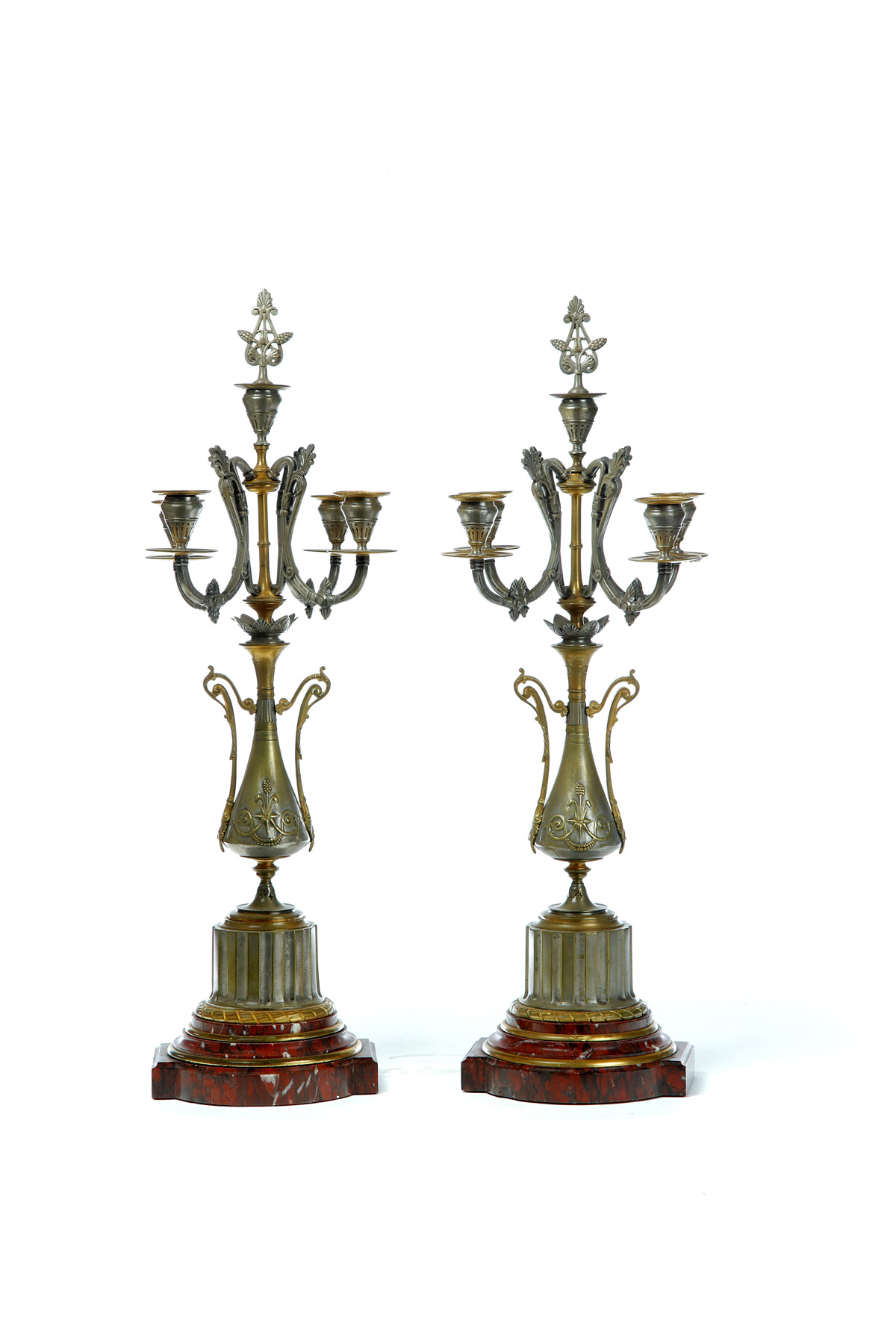 Appraisal: PAIR OF FIVE-BRANCH BRONZE AND MARBLE CANDELABRAS France th quarter-