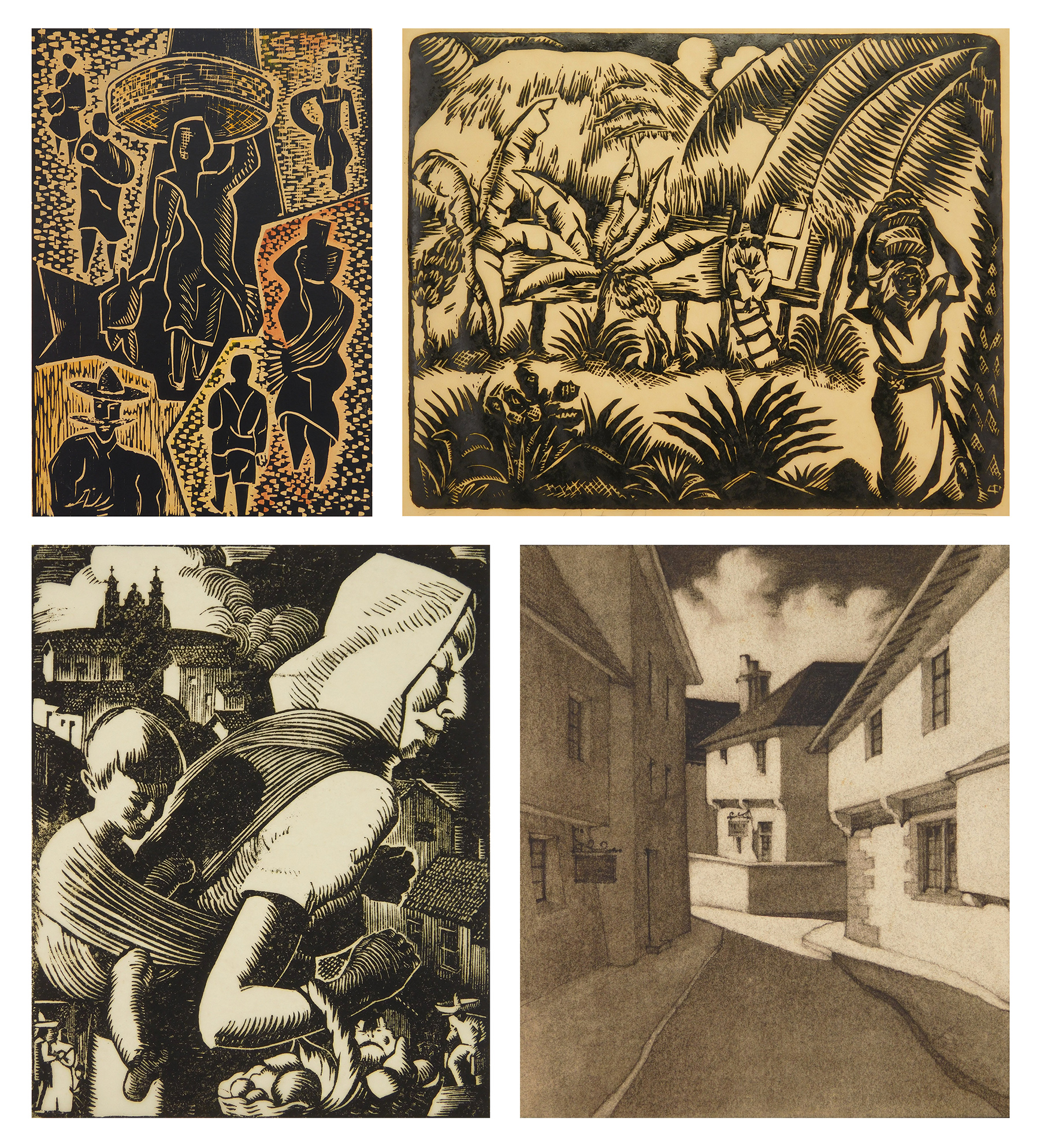 Appraisal: Works on paper Jules Heller- ''Village Street''- woodcut in colors