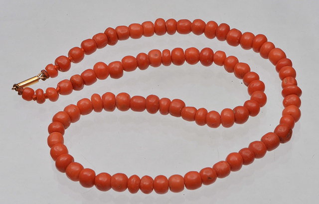 Appraisal: AN ANTIQUE RED CORAL BEAD NECKLACE long mm beads grams