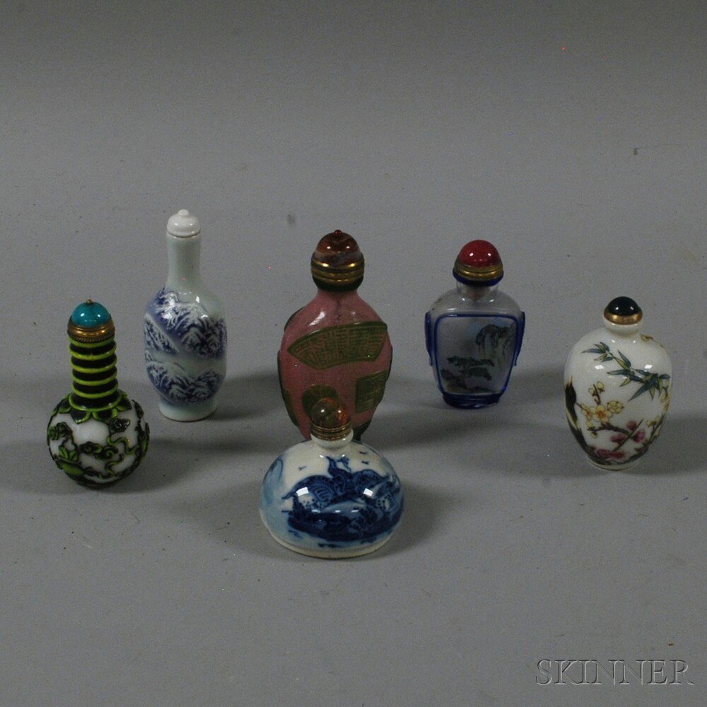 Appraisal: Six Chinese Glass and Porcelain Snuff Bottles three glass and