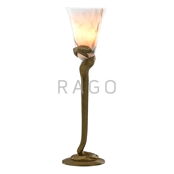 Appraisal: EDGAR BRANDT Table lamp La Tentation Condition Report Snake's tongue