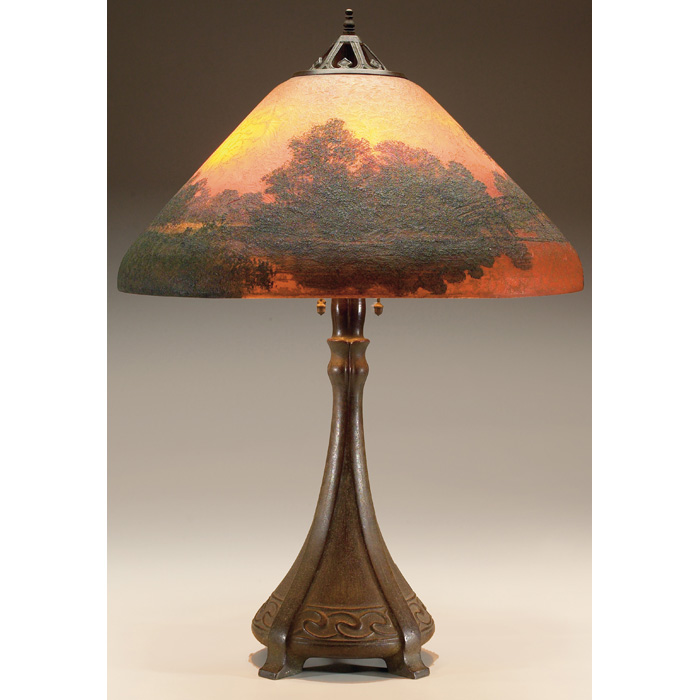 Appraisal: Fine Handel lamp domicile shade reverse painted landscape of trees