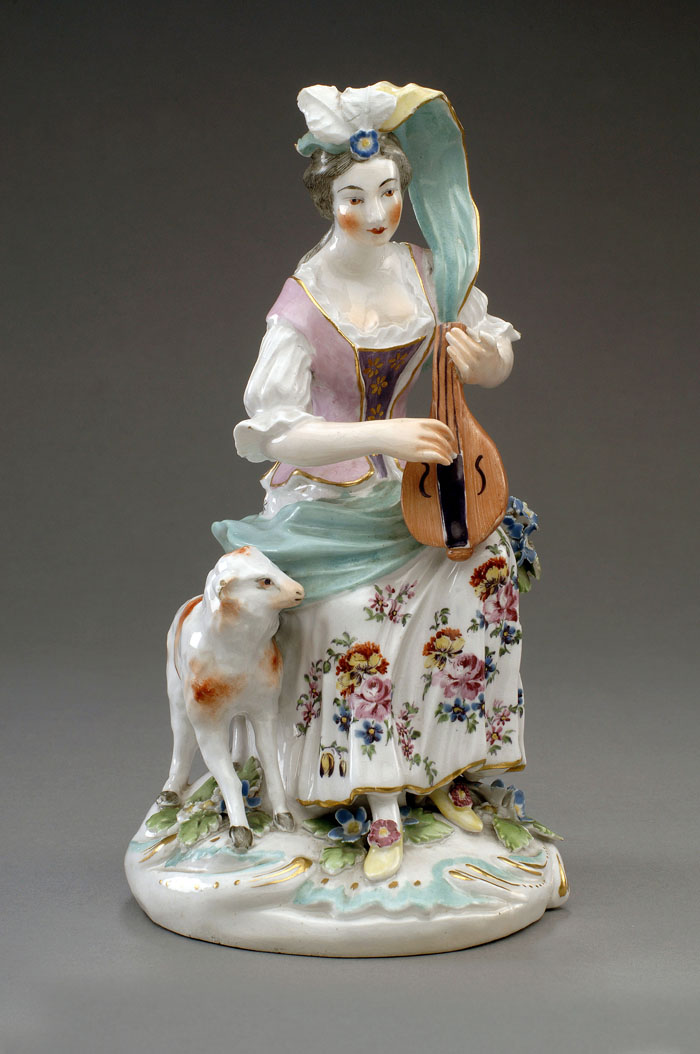 Appraisal: DERBY PORCELAIN FIGURE OF A SHEPHERDESS MUSICIAN CIRCA - Modelled