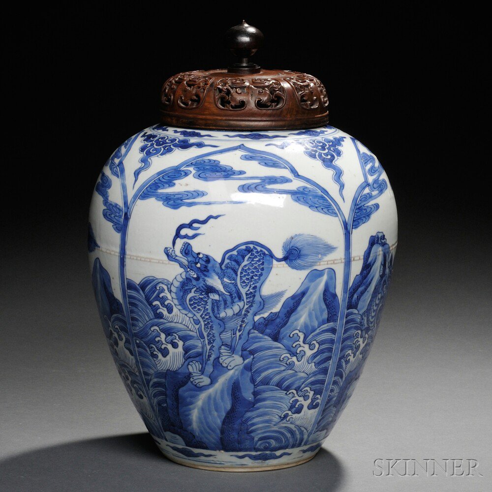 Appraisal: Blue and White Covered Jar China Transitional Period ovoid with