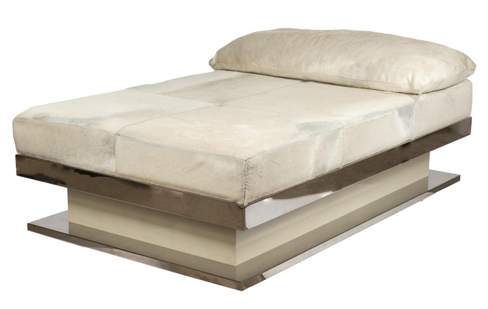 Appraisal: HIDE CHROMED METAL WHITE-PAINTED WOOD DAYBEDprobably Italian with attached cushion