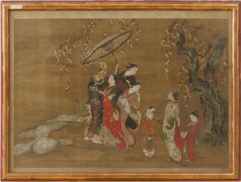 Appraisal: UKIYO-E SCHOOL A CHINESE NOBLEMAN AND JAPANESE COURTESANS VIEWING A